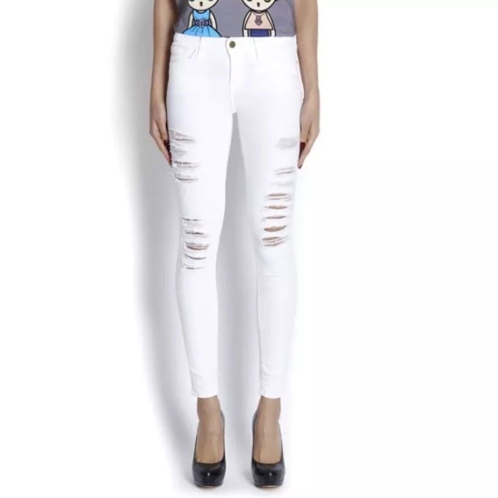 Frame Denim White Le Skinny De Jeanne Distressed Ripped Leg Jeans Sz 29